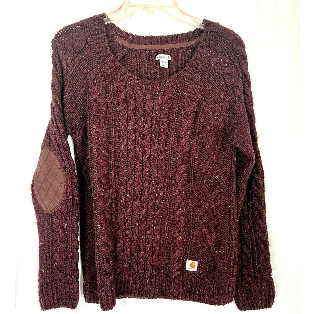 Carhartt Cable Knit Sweater Womens Small (4/6) Purple Crewneck Elbow Patch